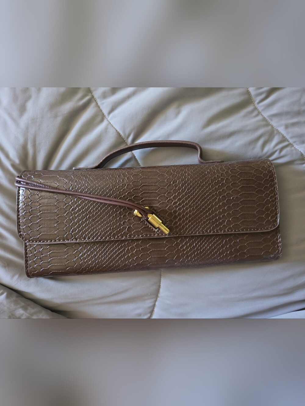 Brown Faux-Snake Leather Clutch with Gold Hardware